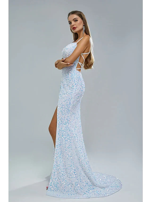 Shimmering Sequin Mermaid Scoop Neck Sleeveless Criss-Cross Back Floor-Length High Slit Evening Dresses