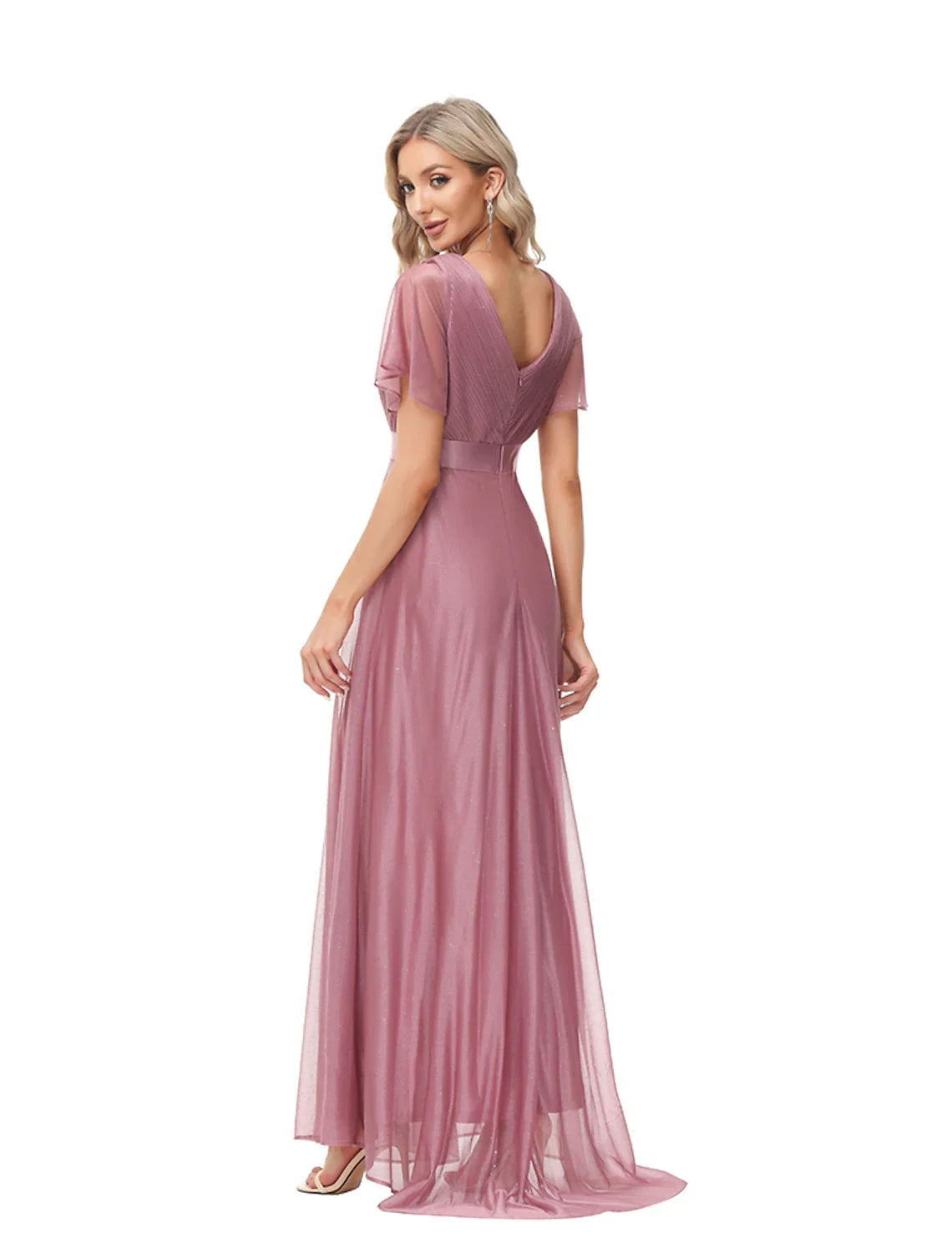 Shimmering Tulle A-Line V-Neck Flutter Sleeve V-Back Floor-Length Formal Evening Dresses