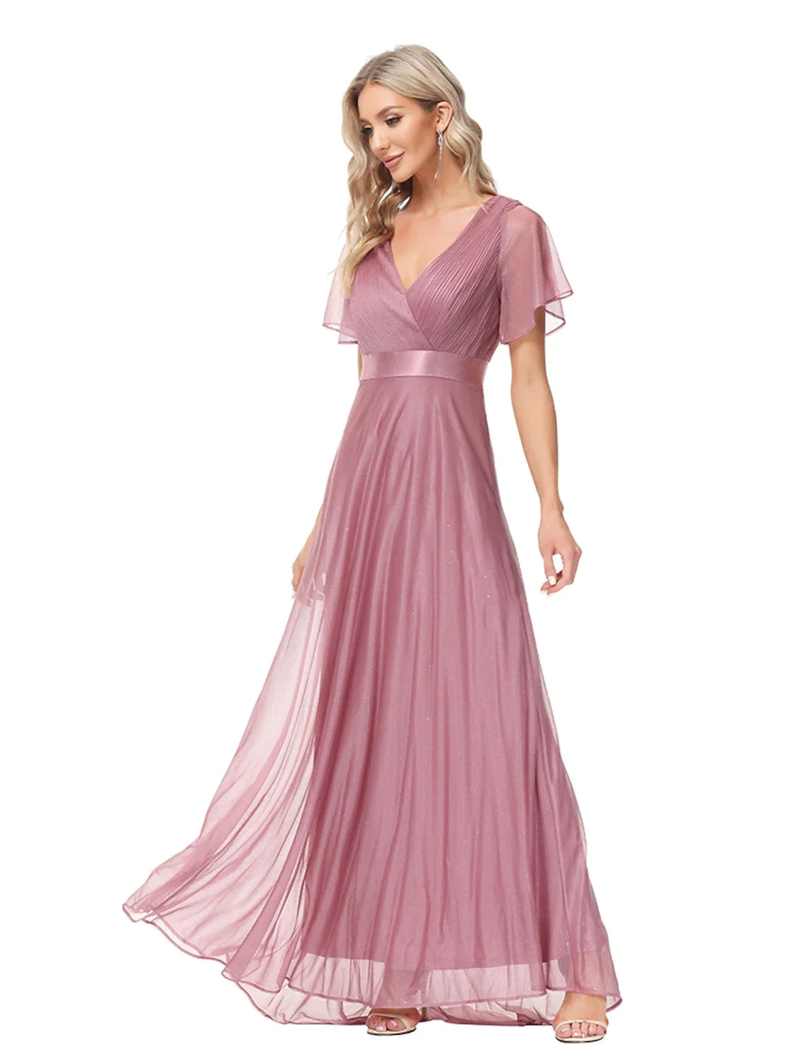 Shimmering Tulle A-Line V-Neck Flutter Sleeve V-Back Floor-Length Formal Evening Dresses