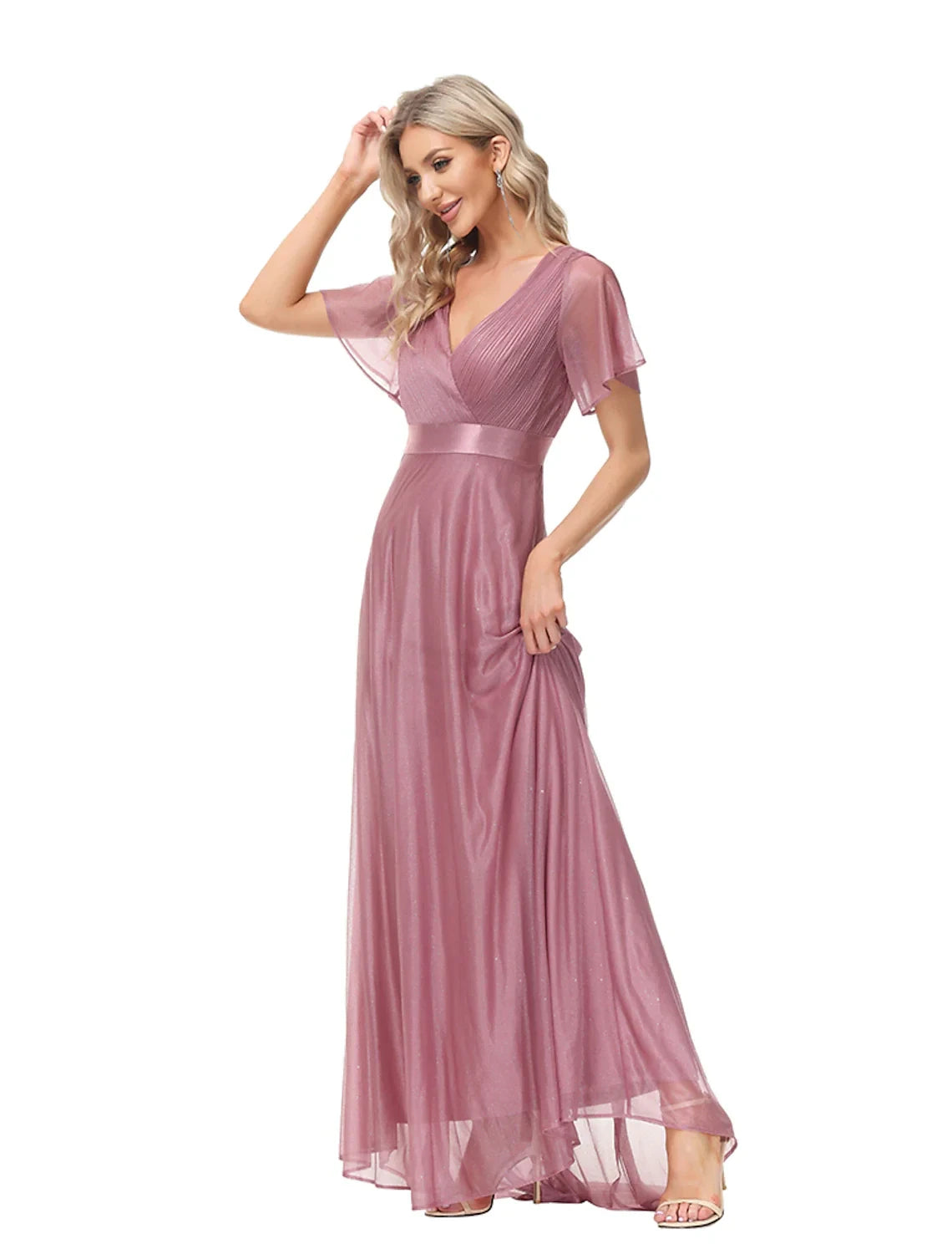 Shimmering Tulle A-Line V-Neck Flutter Sleeve V-Back Floor-Length Formal Evening Dresses