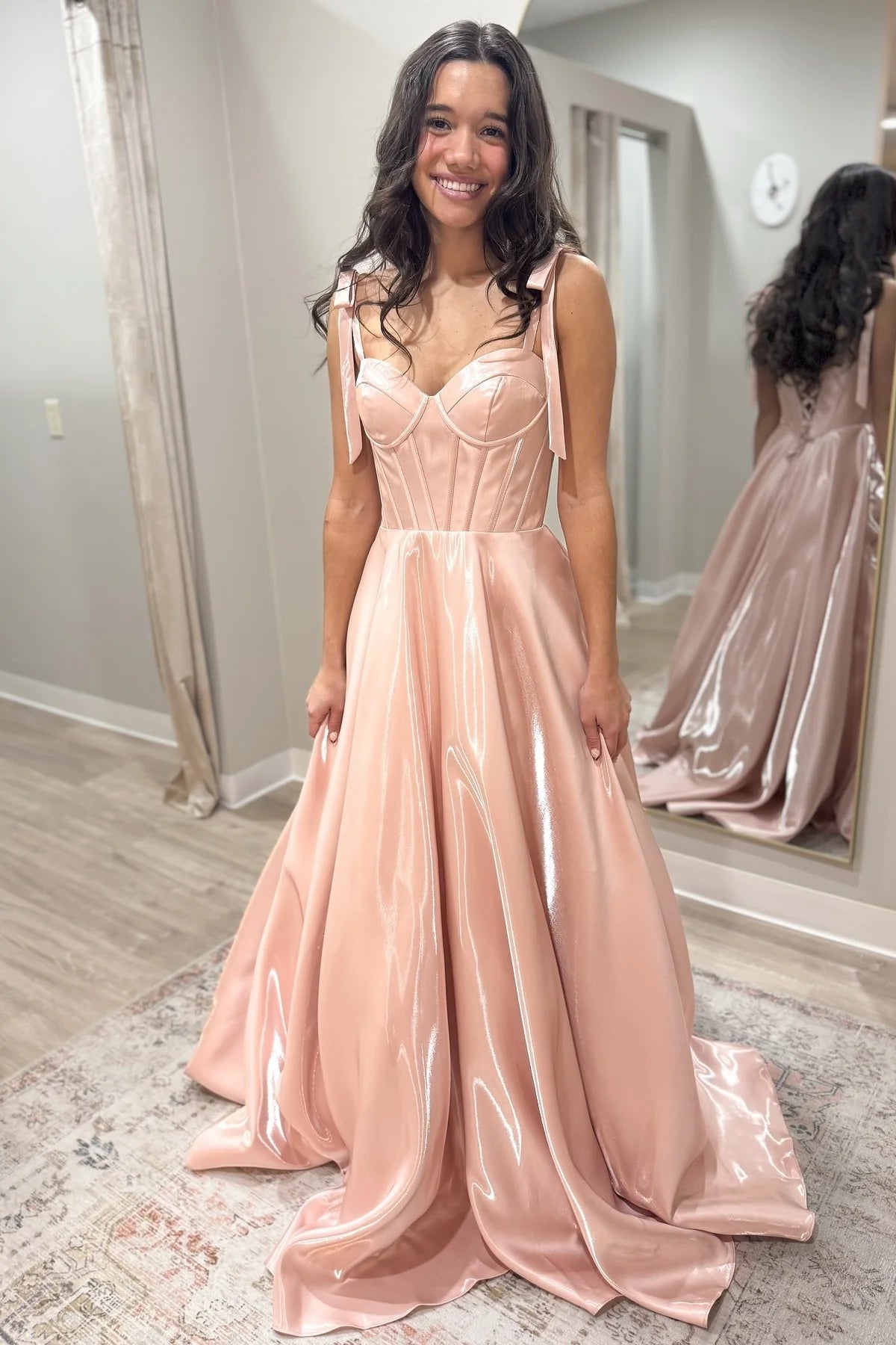 Blushing Pink Satin A-Line Floor-Length Evening Dress with Sweetheart Neckline & Lace-up Back