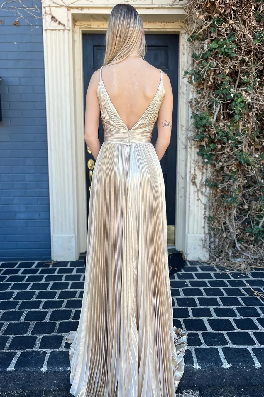 Shiny A Line V Neck Spaghetti Straps Open Back Floor Length Evening Dresses