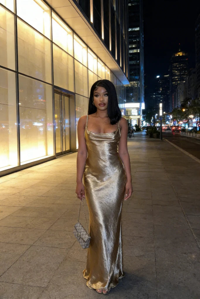 Shiny Satin Bodycon Cowl Neck Spaghetti Strap Open Back Floor Length Evening Dress