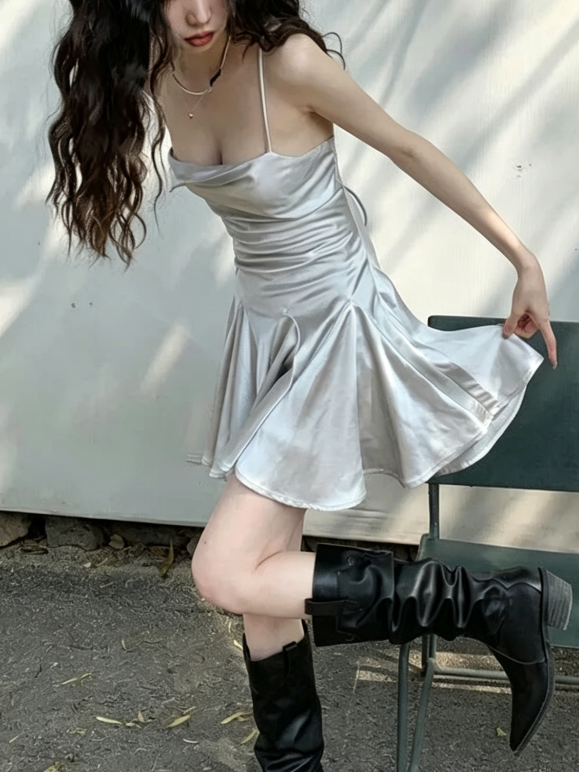 Shiny silver satin spaghetti strap lace up back flared short homecoming dress