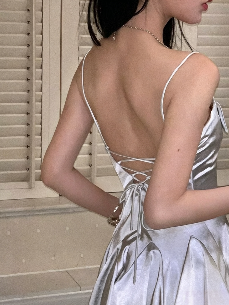 Shiny silver satin spaghetti strap lace up back flared short homecoming dress