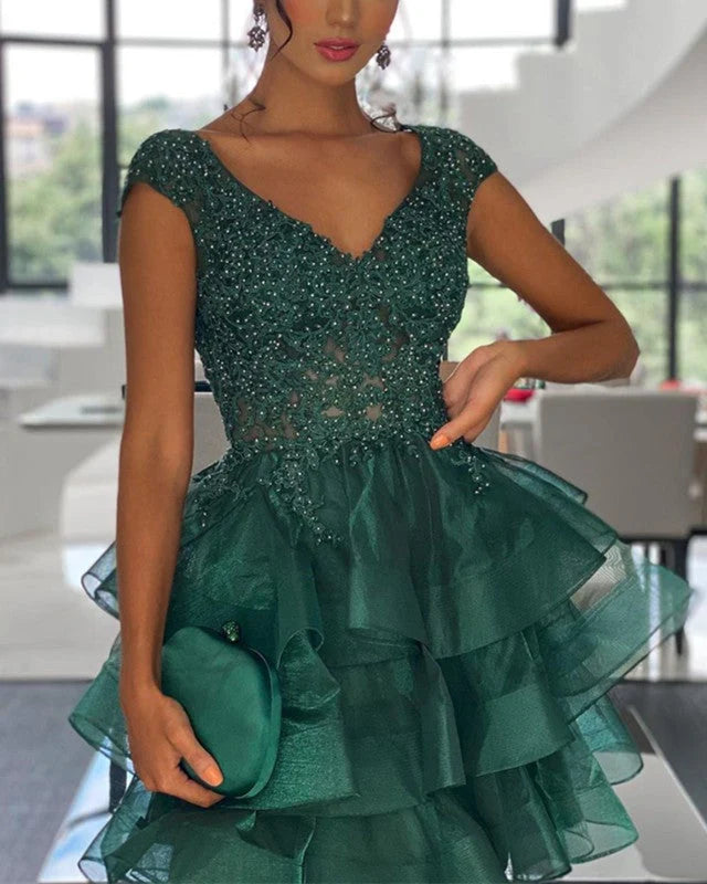 Vestido corto de fiesta con escote en V, de organza, encaje con volantes y cuentas