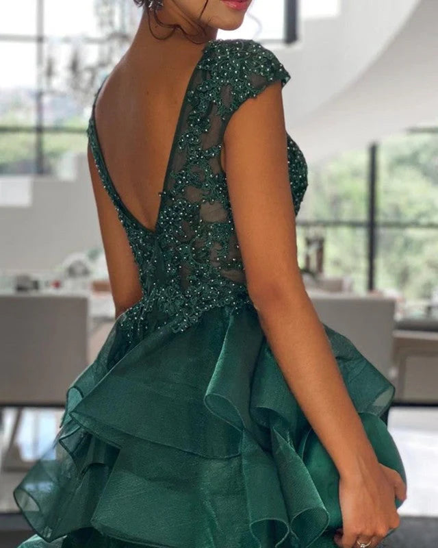 Vestido corto de fiesta con escote en V, de organza, encaje con volantes y cuentas