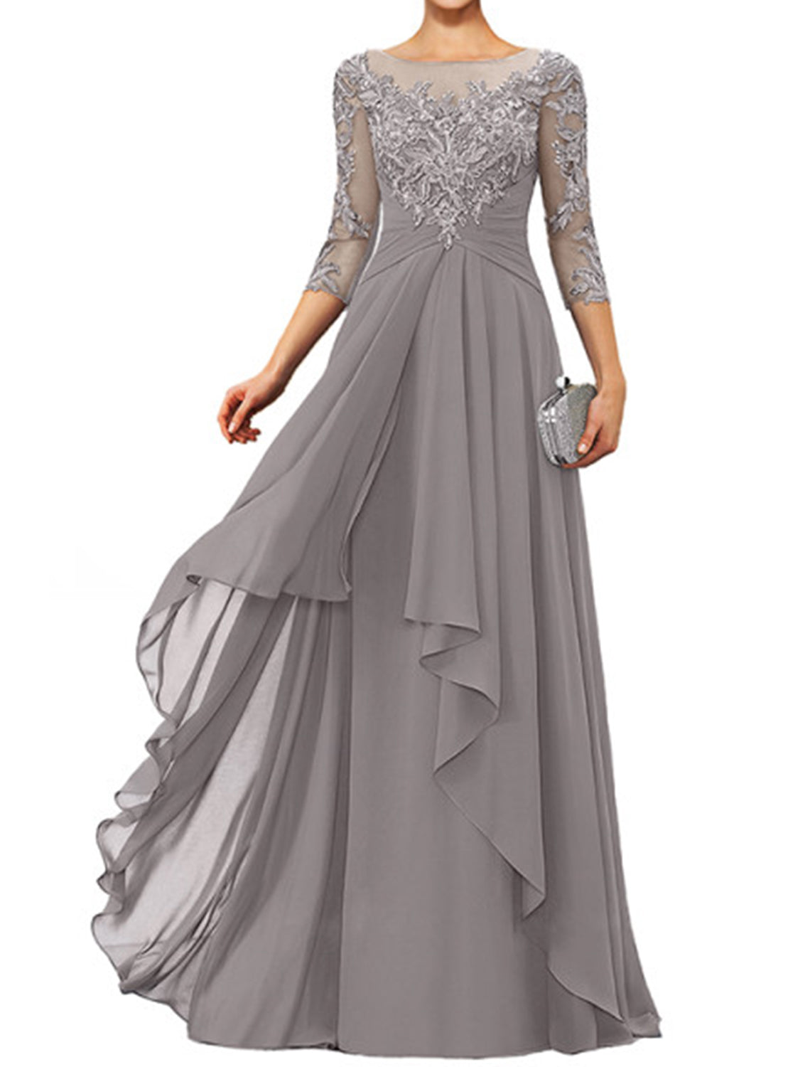 Dark Navy Chiffon A-Line Floor-Length Evening Dress - Illusion Neck Lace Appliques