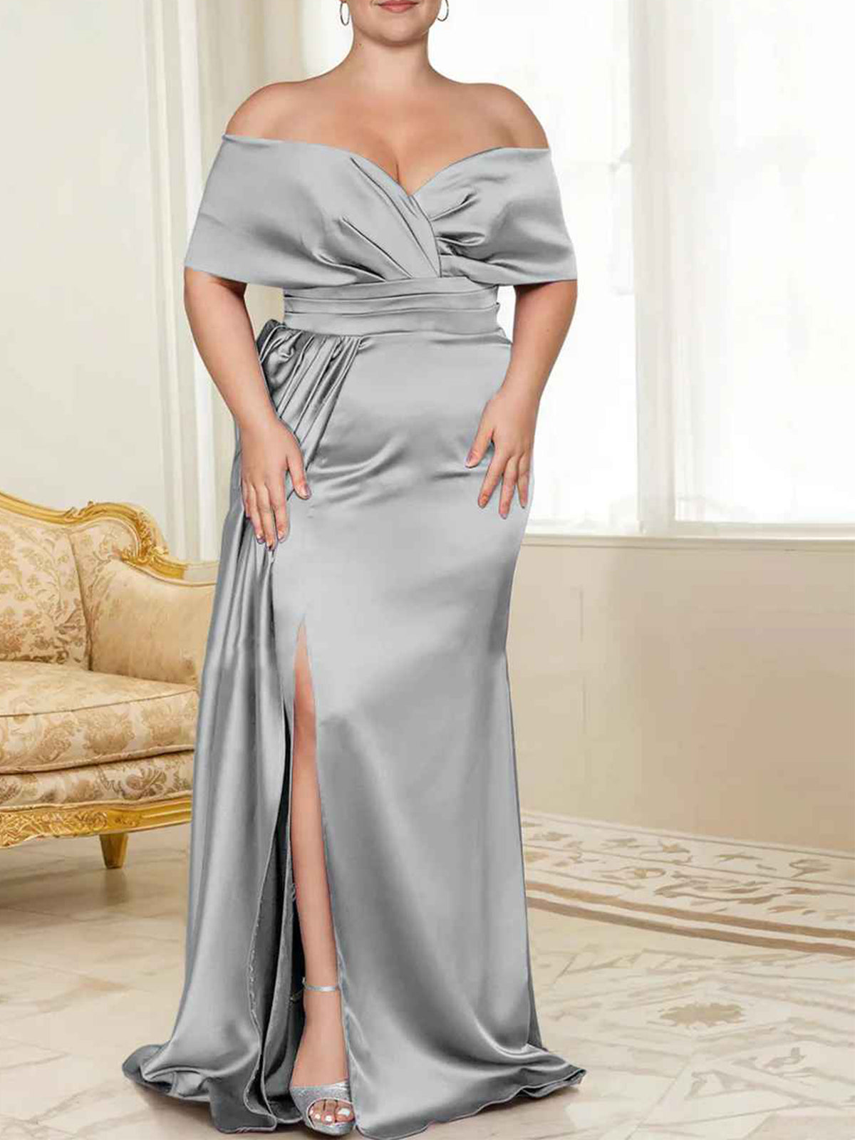 Purple Satin Sheath/column Off-the-Shoulder Floor-Length Evening Dress