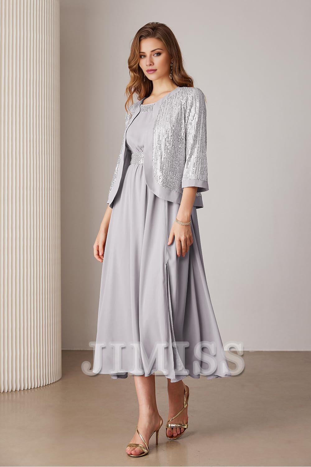 Black Chiffon A-Line Midi Evening Dress with Square Neck & Sequin Jacket