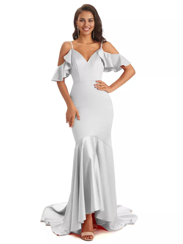 Soft Satin Asymmetric Spaghetti Straps Sleeveless Mermaid Cold Shoulder Bridesmaid Dresses