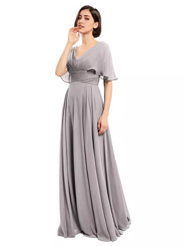 Dusty Blue Chiffon A-Line Floor-Length Bridesmaid Dress with V-Neck and Flutter Sleeves