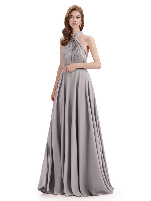 Simple A-Line High Neck Halter Sleeveless Pleats Chiffon Floor Length Bridesmaid Dresses