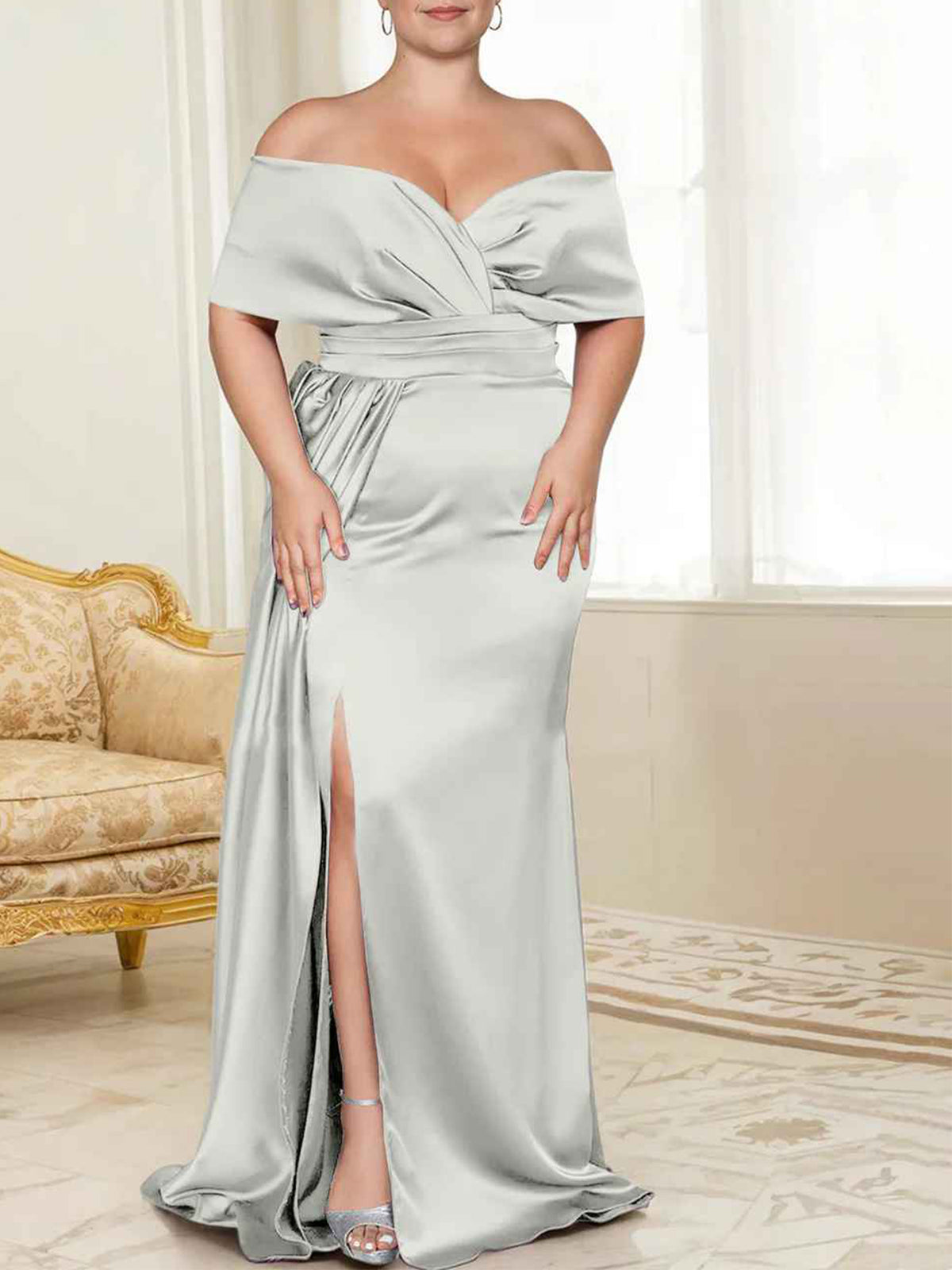 Purple Satin Sheath/column Off-the-Shoulder Floor-Length Evening Dress