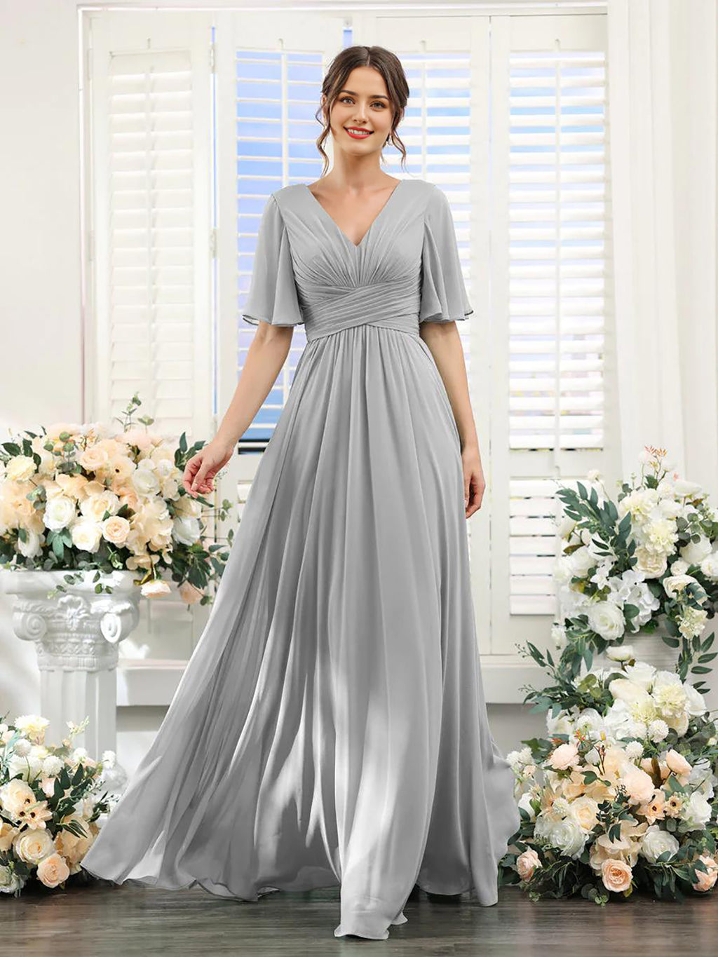 Mint Green Chiffon A-Line Floor-Length Bridesmaid Dress | V-Neck, Ruched Bodice & High Slit