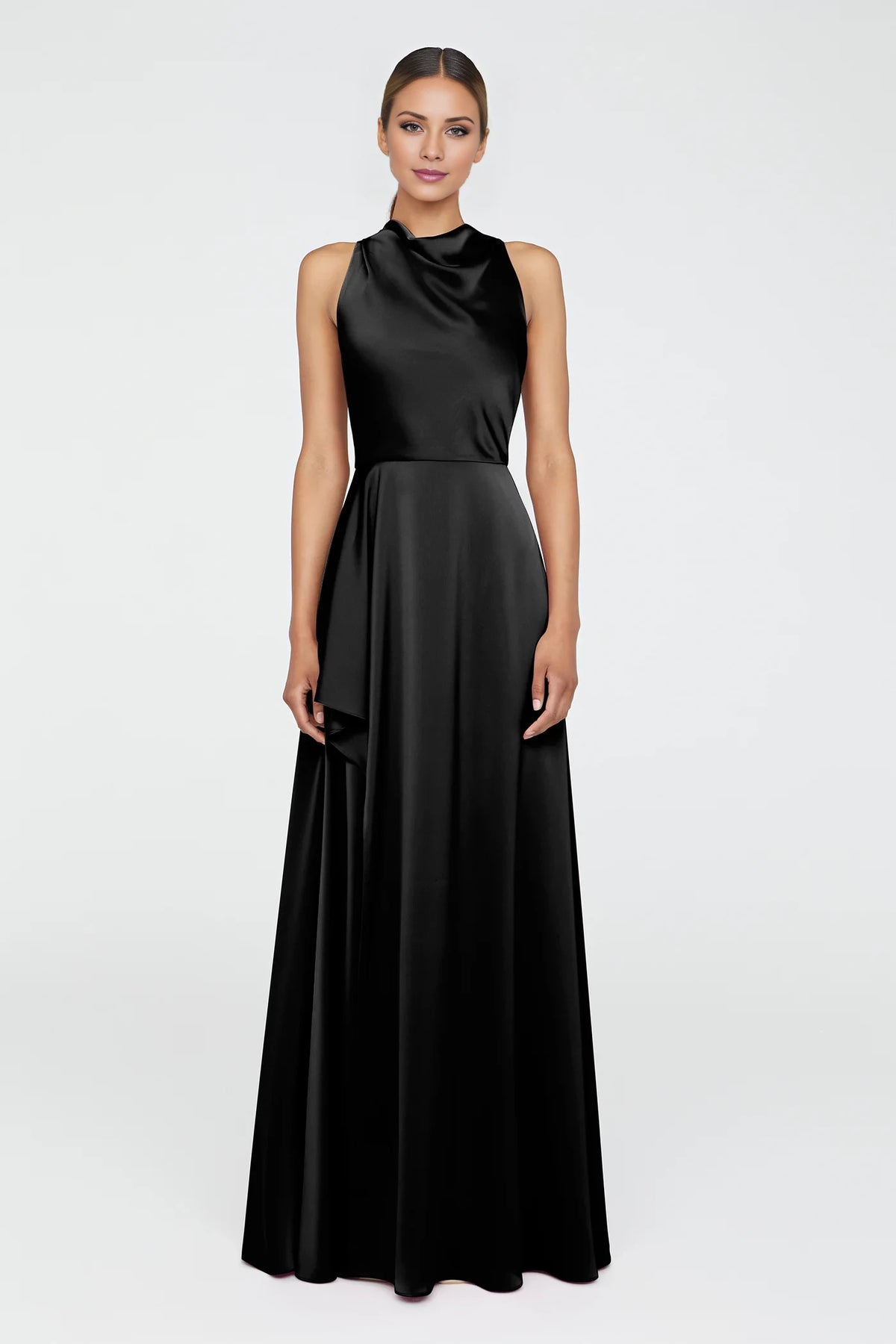 Black Satin A-Line Floor-Length Evening Dress with Draped High Neckline and Side Ruffle