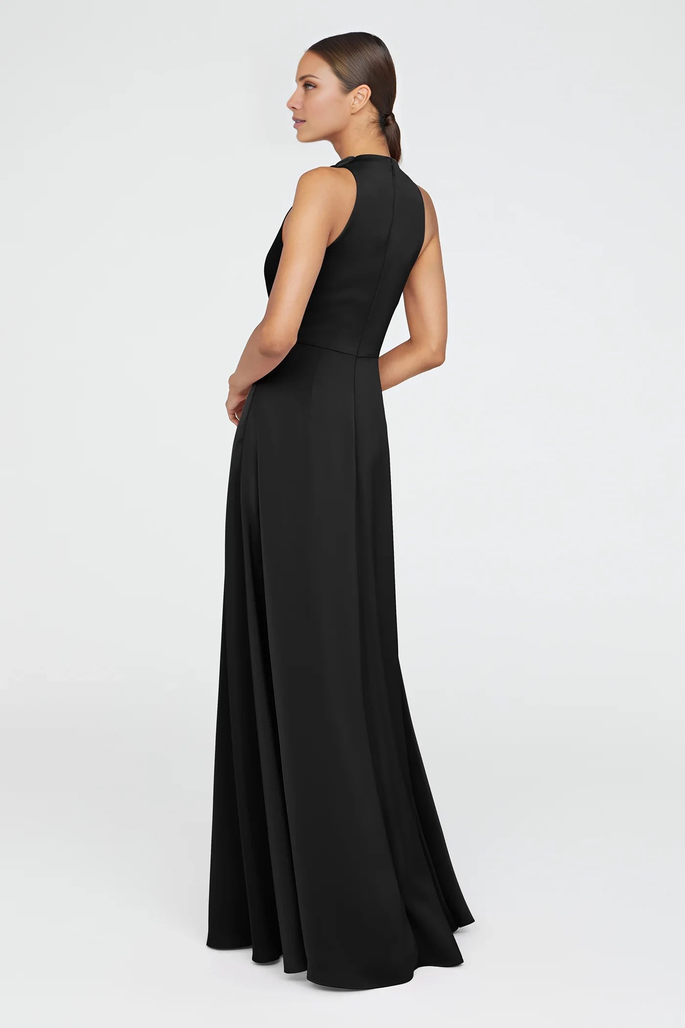 Simple A-Line Cowl Neck Sleeveless Asymmetric Ruffled Satin Floor-Length Evening Dress