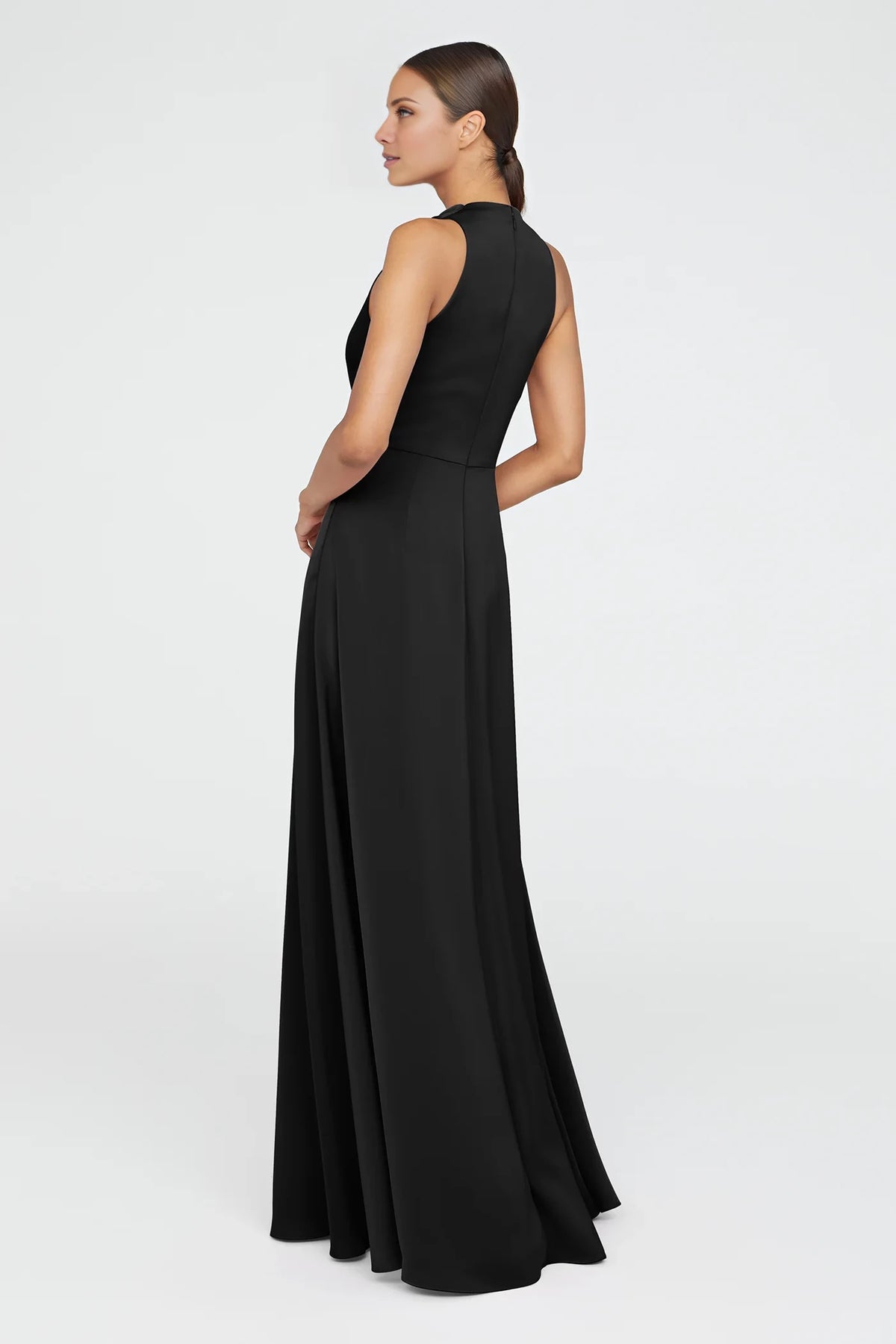 Black Satin A-Line Floor-Length Evening Dress with Draped High Neckline and Side Ruffle