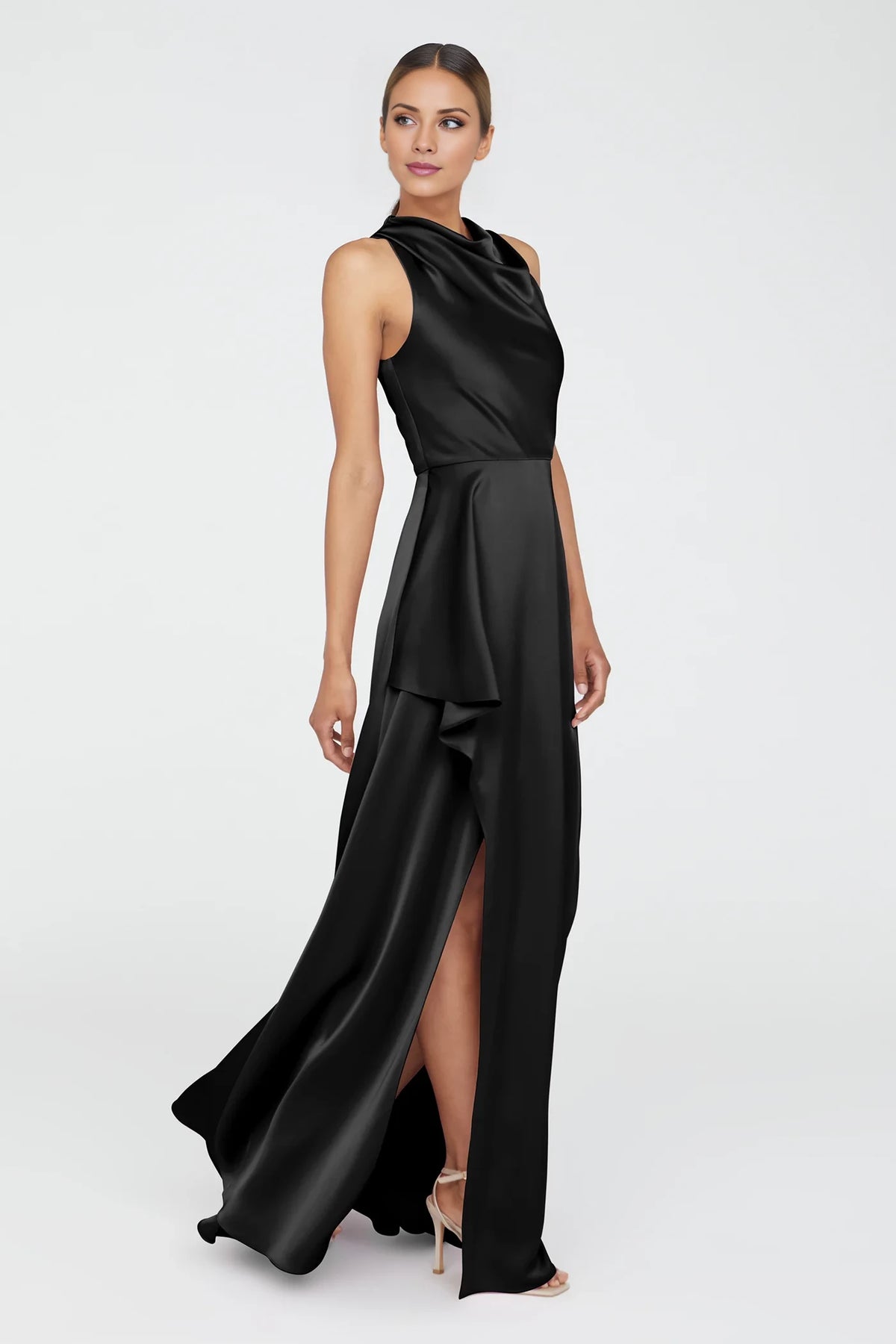 Black Satin A-Line Floor-Length Evening Dress with Draped High Neckline and Side Ruffle