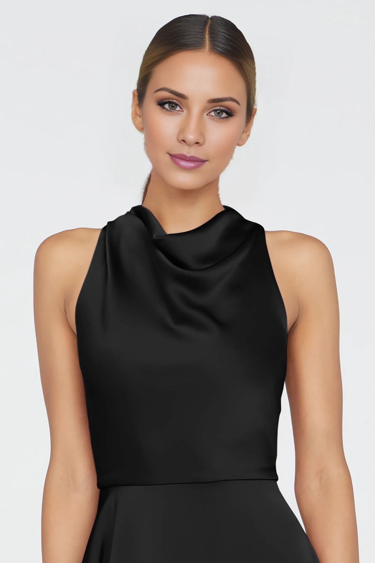 Black Satin A-Line Floor-Length Evening Dress with Draped High Neckline and Side Ruffle