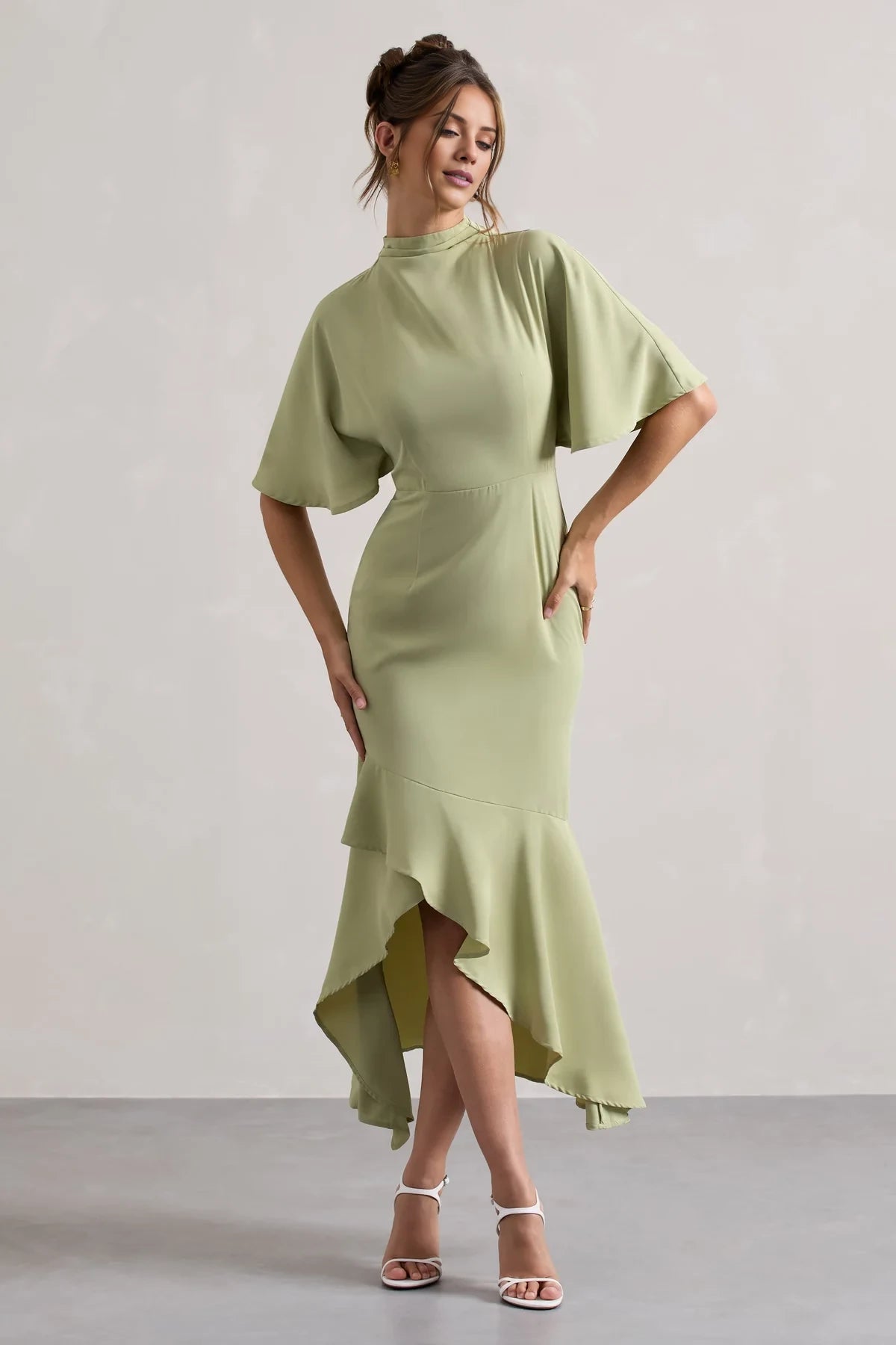 Simple A-Line High Neck Ruffle Sleeves Asymmetrical Hem And Floor Length Evening Dress