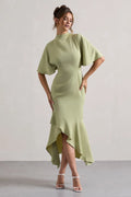 Sage Green Crepe Sheath/column High Neck High-Low Dress with Flutter Sleeves