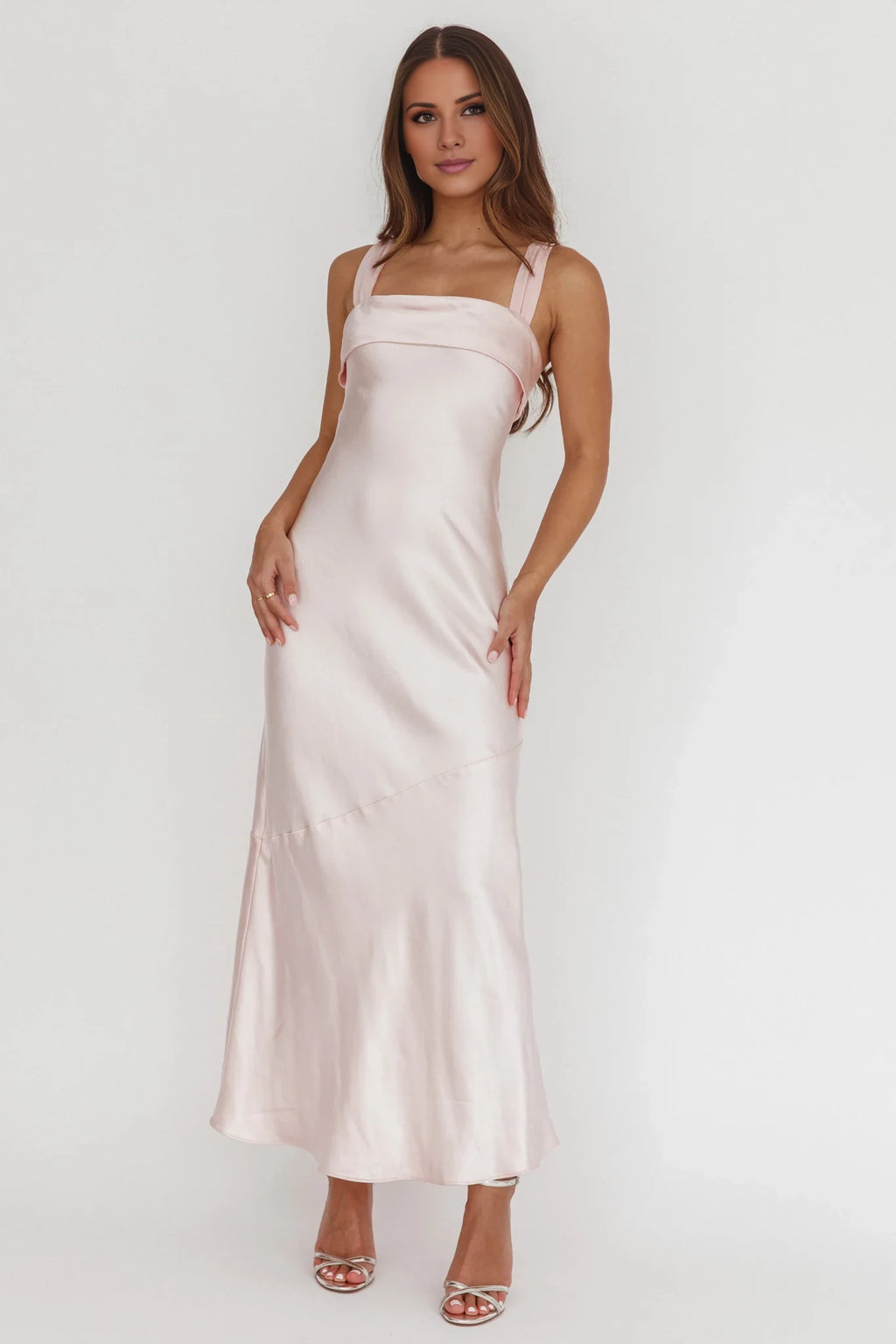 Blushing Pink Satin Sheath/column Floor-Length Bridesmaid Dress with Square Neck