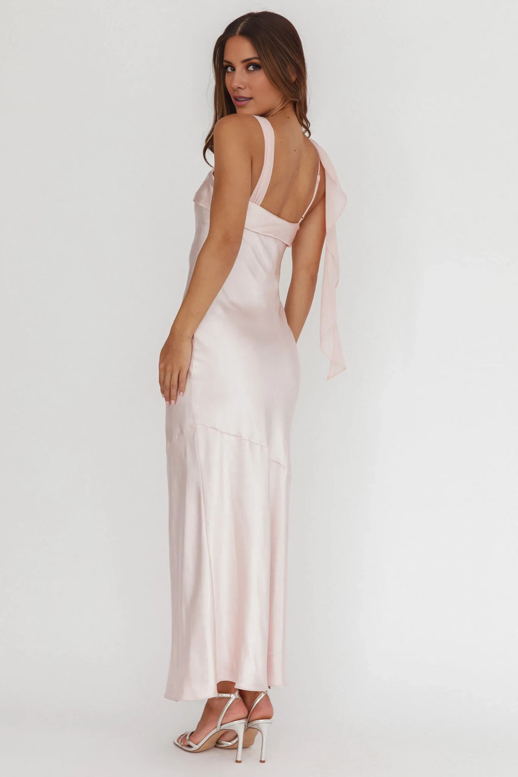 Blushing Pink Satin Sheath/column Floor-Length Bridesmaid Dress with Square Neck