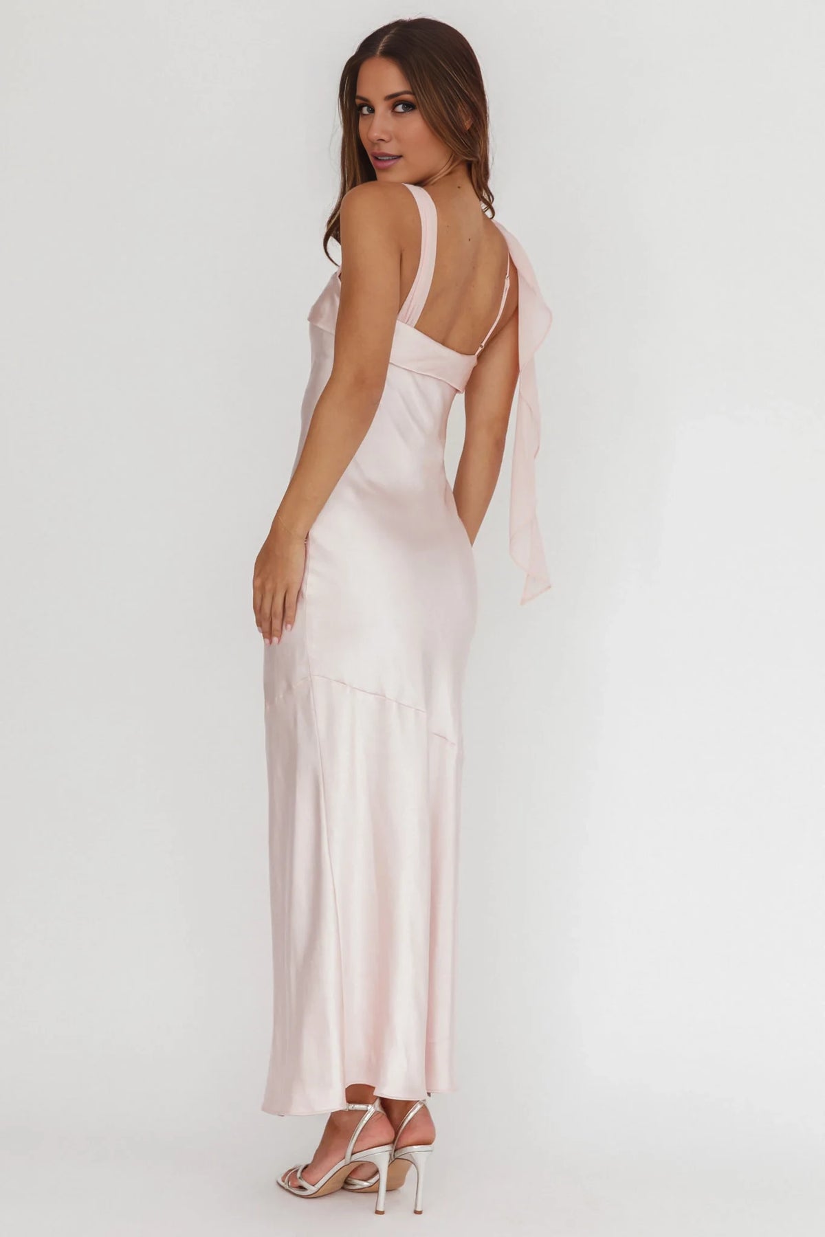 Blushing Pink Satin Sheath/column Floor-Length Bridesmaid Dress with Square Neck