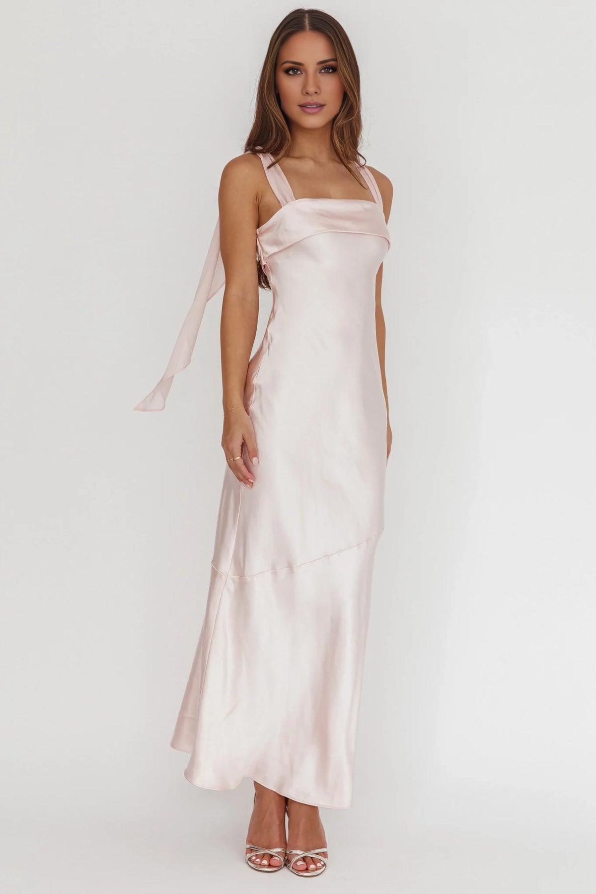 Blushing Pink Satin Sheath/column Floor-Length Bridesmaid Dress with Square Neck