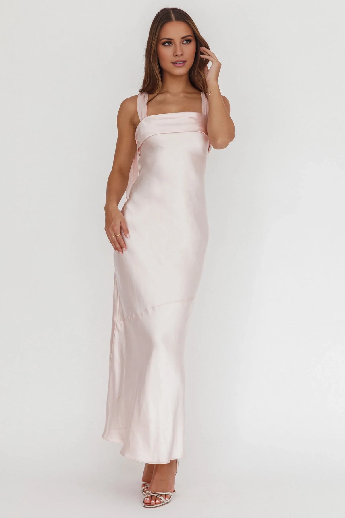 Blushing Pink Satin Sheath/column Floor-Length Bridesmaid Dress with Square Neck