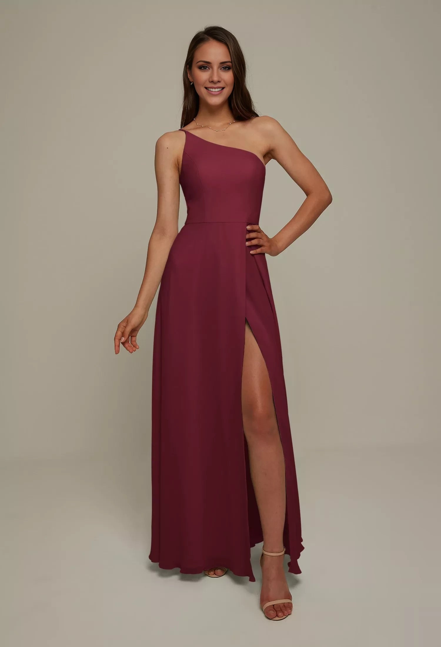 Simple A-line One Shoulder Sleeveless Back Zip Side Slit Floor-Length Bridesmaid Dress
