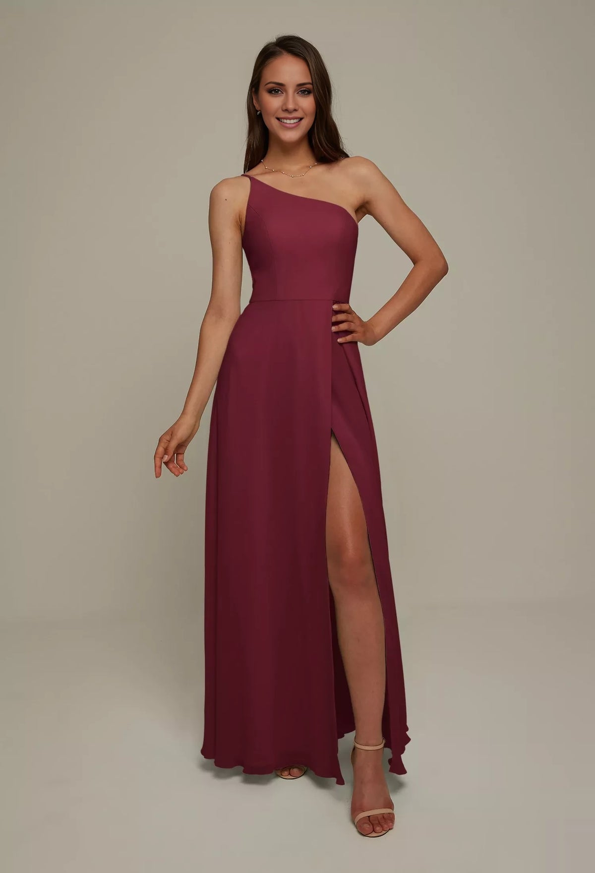 Burgundy Chiffon A-Line One Shoulder Floor-Length Dress with High Slit