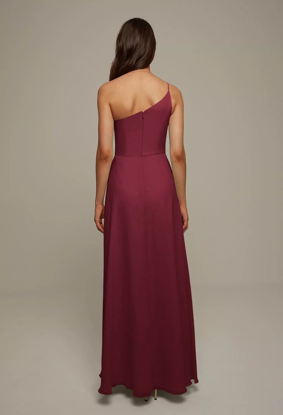 Burgundy Chiffon A-Line One Shoulder Floor-Length Dress with High Slit