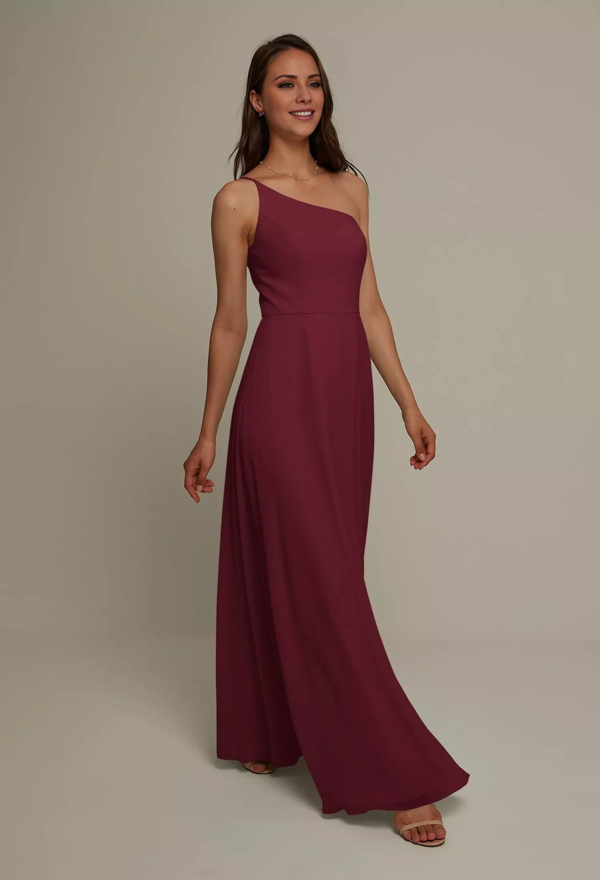 Burgundy Chiffon A-Line One Shoulder Floor-Length Dress with High Slit