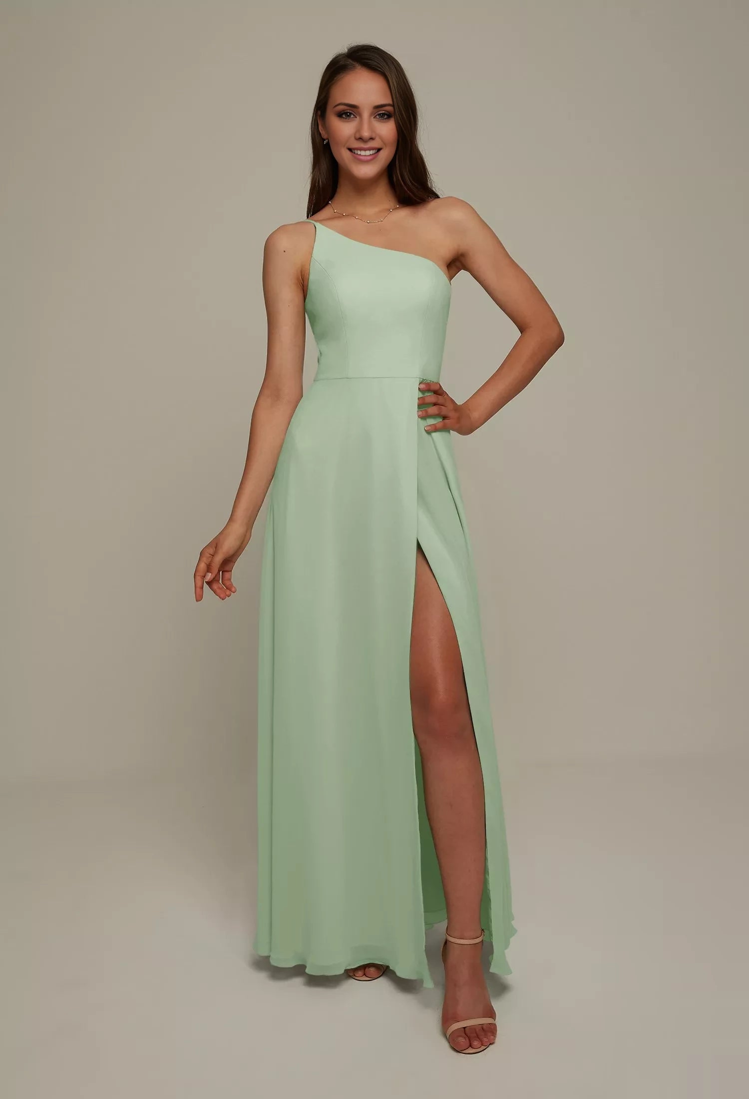 Simple A-line One Shoulder Sleeveless Back Zip Side Slit Floor-Length Bridesmaid Dress
