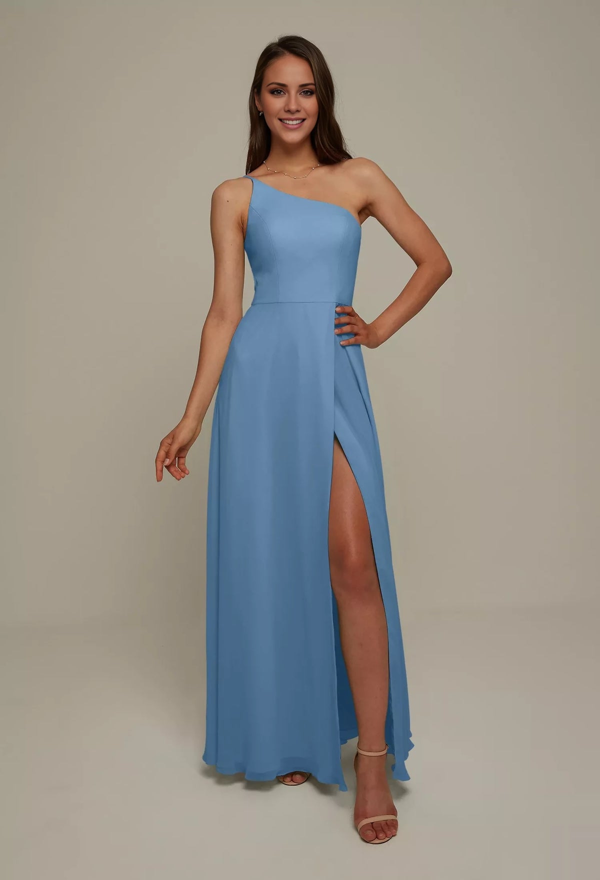Burgundy Chiffon A-Line One Shoulder Floor-Length Dress with High Slit