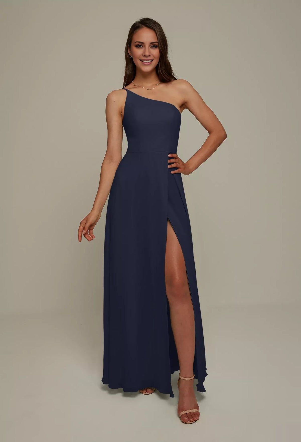 Burgundy Chiffon A-Line One Shoulder Floor-Length Dress with High Slit