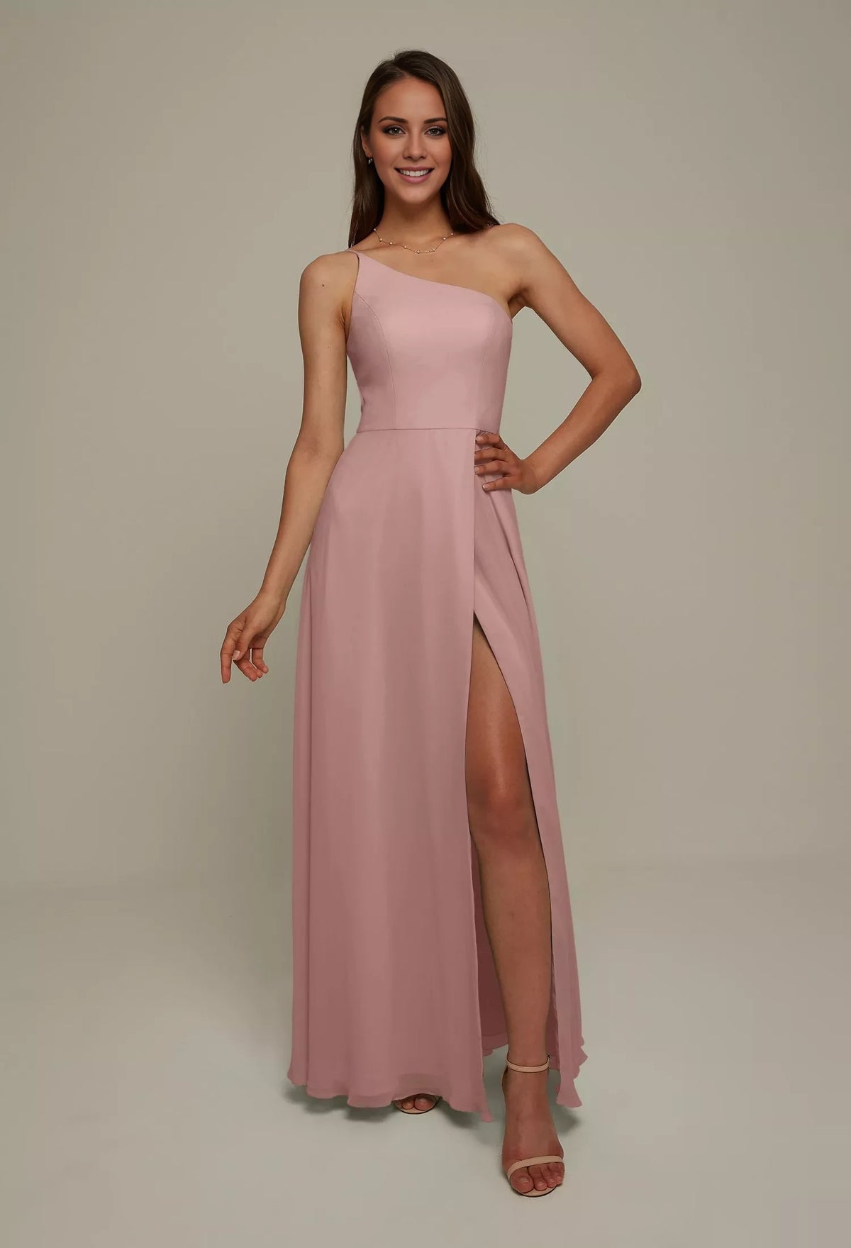 Burgundy Chiffon A-Line One Shoulder Floor-Length Dress with High Slit