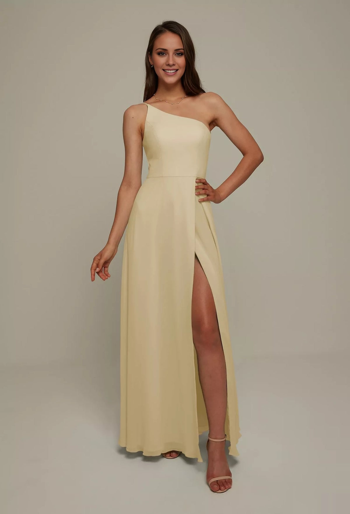 Burgundy Chiffon A-Line One Shoulder Floor-Length Dress with High Slit