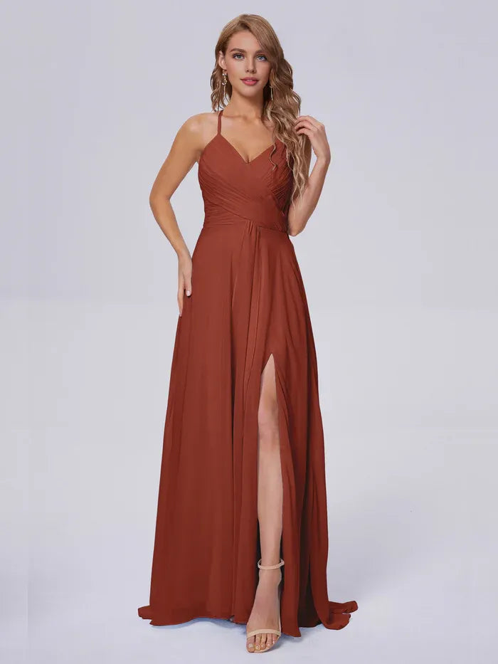 Rust Chiffon A-Line Floor-Length Bridesmaid Dress with V-Neck & Open Back