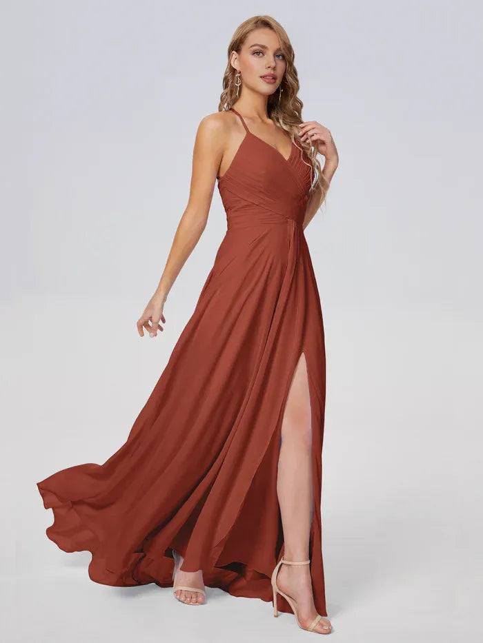 Rust Chiffon A-Line Floor-Length Bridesmaid Dress with V-Neck & Open Back
