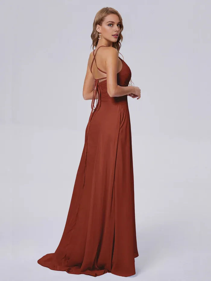 Simple A-line Spaghetti Straps Sleeveless Chiffon Pleated Floor-Length Bridesmaid Dress