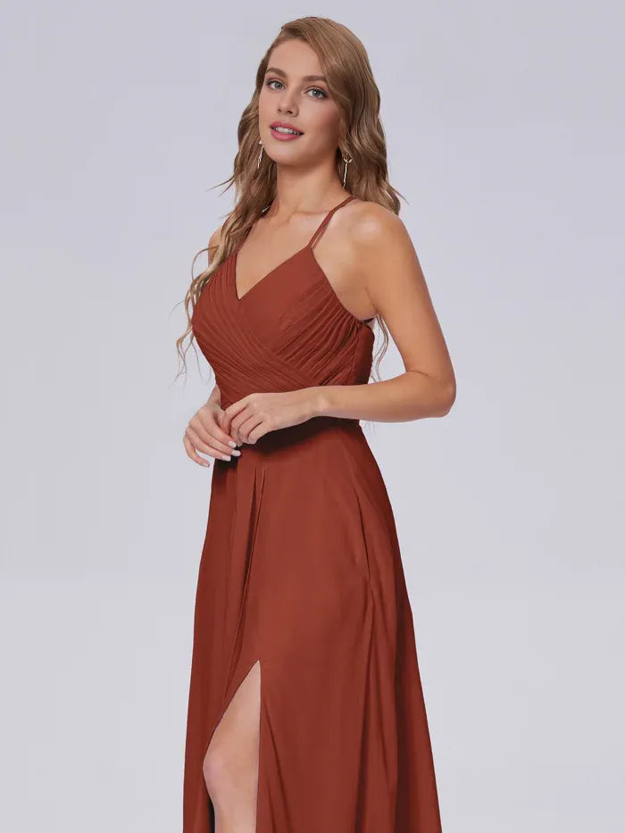 Rust Chiffon A-Line Floor-Length Bridesmaid Dress with V-Neck & Open Back