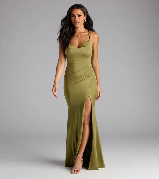 Simple Cowl Neck Sleeveless Criss-Cross Back Slit Mermaid Floor-Length Evening Dress