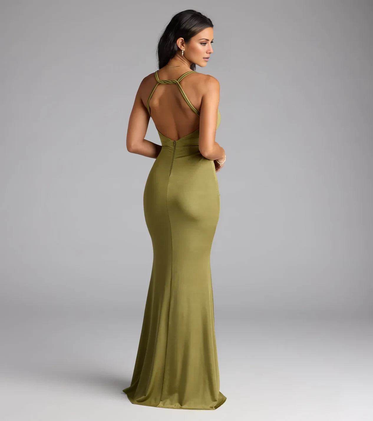 Simple Cowl Neck Sleeveless Criss-Cross Back Slit Mermaid Floor-Length Evening Dress