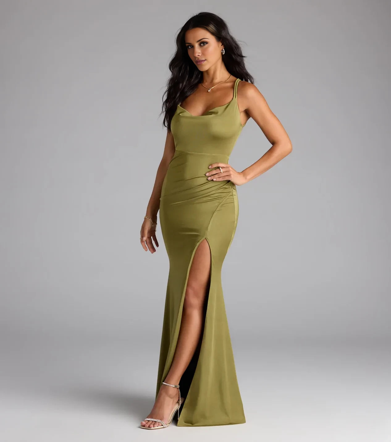 Simple Cowl Neck Sleeveless Criss-Cross Back Slit Mermaid Floor-Length Evening Dress