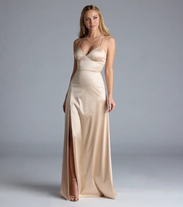 Simple Deep V-Neck Sleeveless Spaghetti Strap Criss-Cross Back Slit Satin Floor-Length Evening Dress