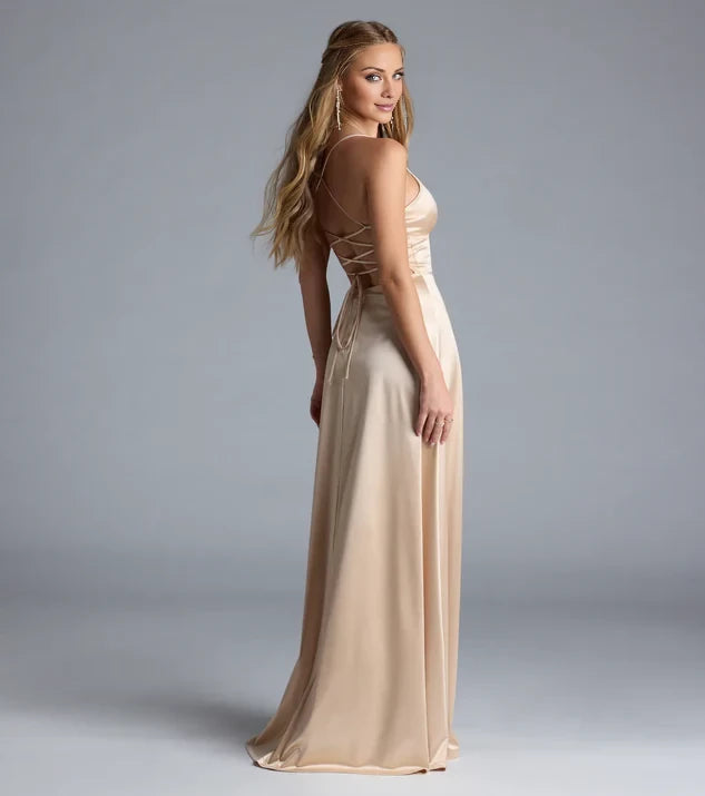 Simple Deep V-Neck Sleeveless Spaghetti Strap Criss-Cross Back Slit Satin Floor-Length Evening Dress