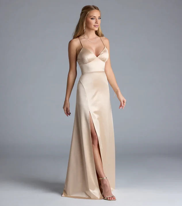 Simple Deep V-Neck Sleeveless Spaghetti Strap Criss-Cross Back Slit Satin Floor-Length Evening Dress